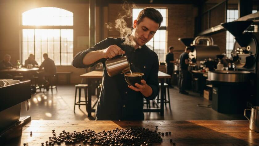 Dynamic wide-angle shot of a chef meticulously plating a gourmet dish in a modern Wantirna restaurant kitchen, bathed in warm, professional lighting, an epic moment demonstrating culinary artistry. This professional commercial photography aims to elevate your Wantirna business brand with professional commercial photography.