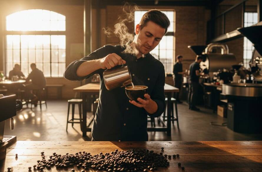Dynamic wide-angle shot of a chef meticulously plating a gourmet dish in a modern Wantirna restaurant kitchen, bathed in warm, professional lighting, an epic moment demonstrating culinary artistry. This professional commercial photography aims to elevate your Wantirna business brand with professional commercial photography.