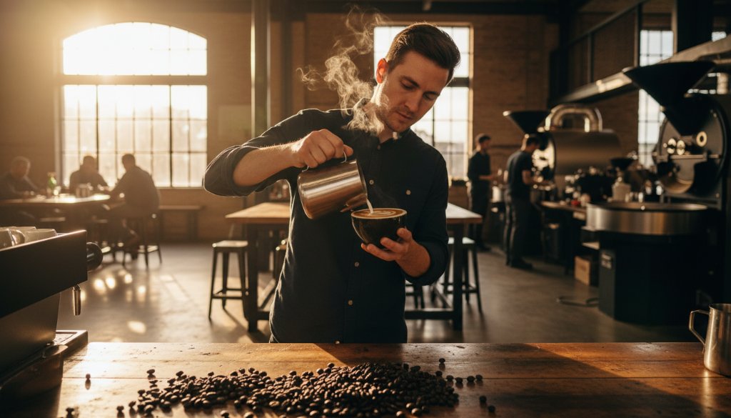 Dynamic wide-angle shot of a chef meticulously plating a gourmet dish in a modern Wantirna restaurant kitchen, bathed in warm, professional lighting, an epic moment demonstrating culinary artistry. This professional commercial photography aims to elevate your Wantirna business brand with professional commercial photography.