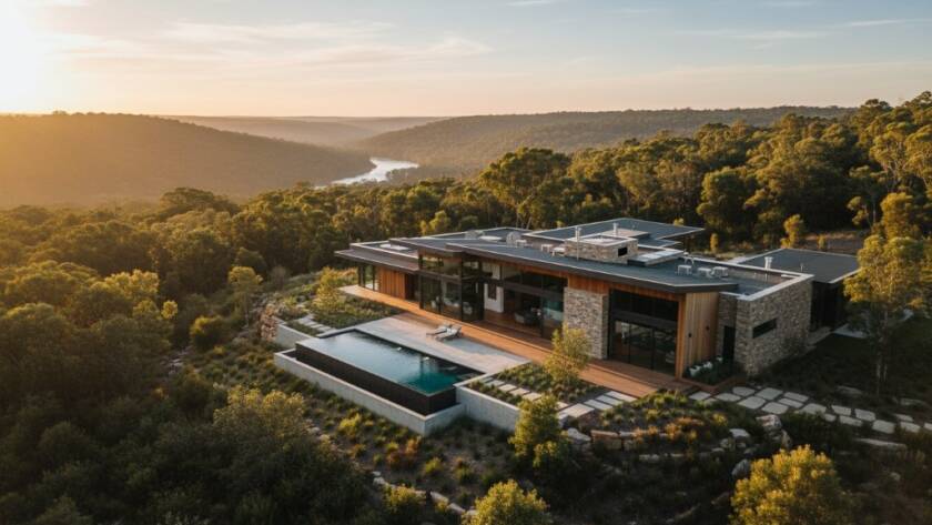 An epic drone shot at dusk showcasing a modern luxury home in Warrandyte South, surrounded by lush native bushland, with golden hour light dramatically highlighting its architectural features and inviting outdoor spaces, emphasizing how professional real estate photography can elevate Warrandyte South property listings.