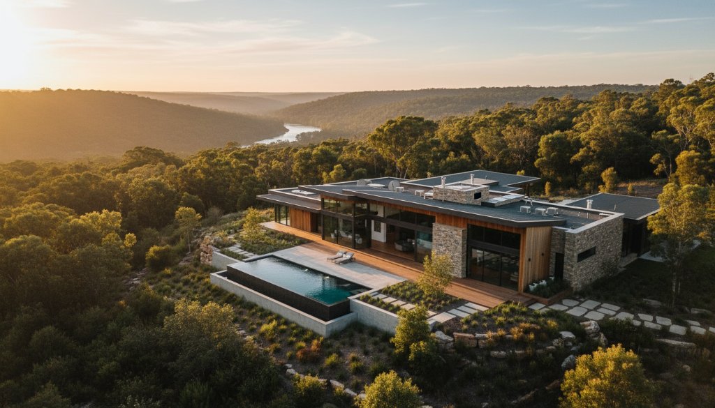 An epic drone shot at dusk showcasing a modern luxury home in Warrandyte South, surrounded by lush native bushland, with golden hour light dramatically highlighting its architectural features and inviting outdoor spaces, emphasizing how professional real estate photography can elevate Warrandyte South property listings.