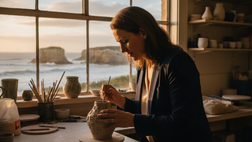 An inspiring Warrnambool entrepreneur confidently showcasing their handcrafted product with the dramatic Southern Ocean coastline in the background, captured in an epic, professionally colour-graded photograph designed to elevate Warrnambool brand photography local businesses impact.
