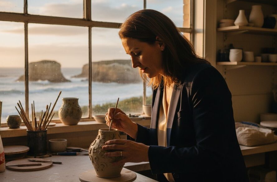 An inspiring Warrnambool entrepreneur confidently showcasing their handcrafted product with the dramatic Southern Ocean coastline in the background, captured in an epic, professionally colour-graded photograph designed to elevate Warrnambool brand photography local businesses impact.