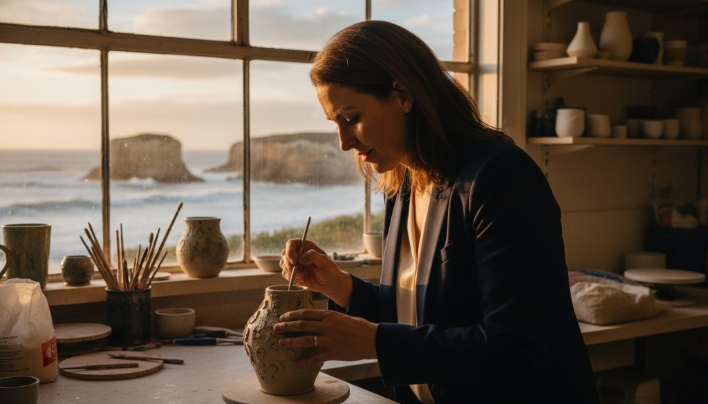 An inspiring Warrnambool entrepreneur confidently showcasing their handcrafted product with the dramatic Southern Ocean coastline in the background, captured in an epic, professionally colour-graded photograph designed to elevate Warrnambool brand photography local businesses impact.