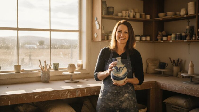 An epic moment of a Wodonga artisan proudly showcasing their meticulously crafted product in a beautifully lit workshop, captured by Image by SD to elevate Wodonga business branding with professional photography, highlighting their dedication and skill.