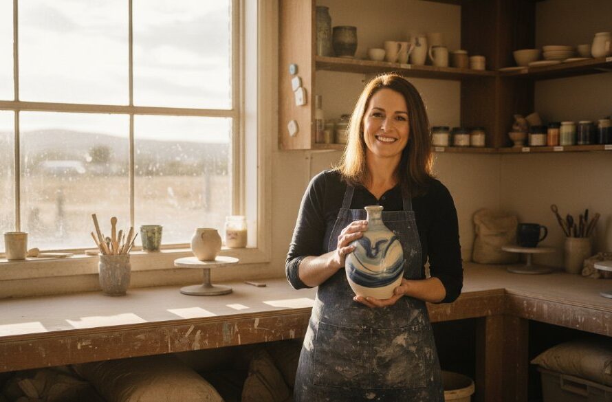 An epic moment of a Wodonga artisan proudly showcasing their meticulously crafted product in a beautifully lit workshop, captured by Image by SD to elevate Wodonga business branding with professional photography, highlighting their dedication and skill.