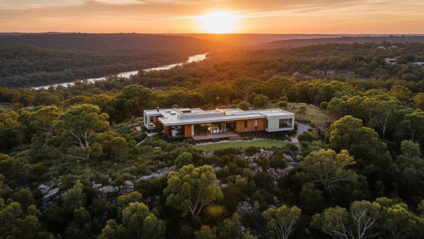A dramatic aerial shot showcasing a stunning modern home nestled against the lush, rolling hills surrounding Wodonga, Victoria, expertly captured to elevate Wodonga property listings with professional real estate photography.