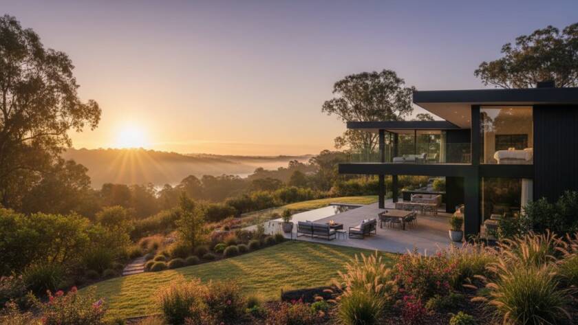 An elevated, cinematic long shot showcasing a modern family home nestled in the lush, green Wonga Park landscape at sunrise, with golden light illuminating the facade and a faint mist rising, exemplifying how to Elevate Wonga Park Property Listings with Professional Photography.