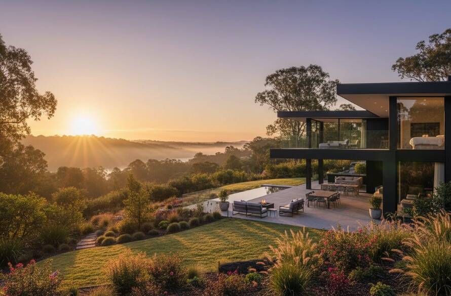 An elevated, cinematic long shot showcasing a modern family home nestled in the lush, green Wonga Park landscape at sunrise, with golden light illuminating the facade and a faint mist rising, exemplifying how to Elevate Wonga Park Property Listings with Professional Photography.