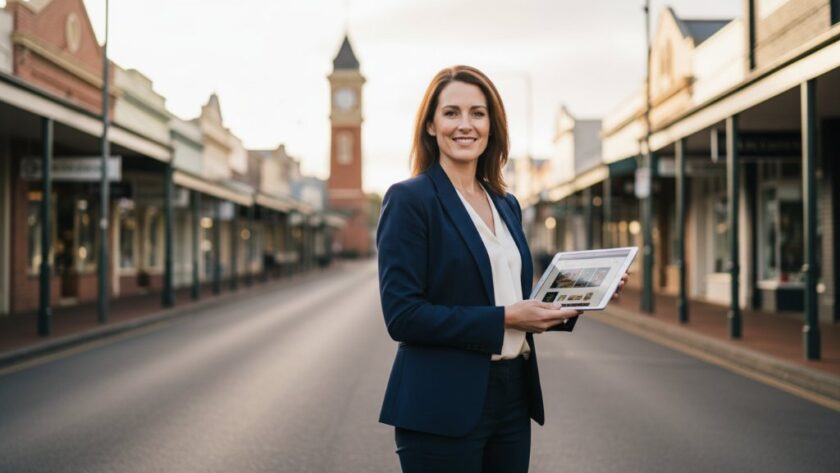 A dynamic, high-angle shot capturing a successful business owner in Woodend, Victoria, confidently engaging with a client in a modern, light-filled office space, showcasing professional corporate headshots and branding photography, with dramatic backlighting highlighting their silhouette against a vibrant, blurred background of the Woodend streetscape, epitomising 'Elevate Woodend Victoria business branding corporate photography'.