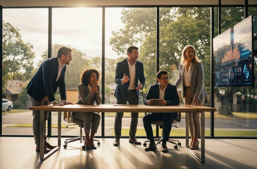 An inspiring and dynamic professional corporate photography Blackburn North shot featuring a diverse team collaborating enthusiastically in a modern office, bathed in warm, cinematic light, showcasing genuine connection and ambition.