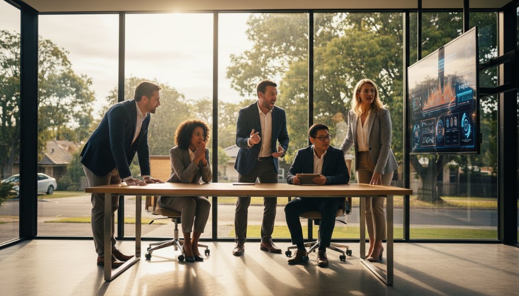 An inspiring and dynamic professional corporate photography Blackburn North shot featuring a diverse team collaborating enthusiastically in a modern office, bathed in warm, cinematic light, showcasing genuine connection and ambition.