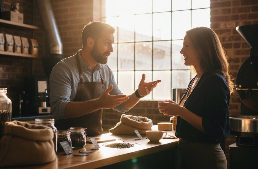 An inspiring shot for 'Elevate Your Brand with Professional Photography Caulfield North', featuring a successful business owner confidently presenting their product in a modern, sunlit Caulfield North cafe, dramatic backlighting highlighting their silhouette and brand aesthetic, professional colour grading enhancing the warm, inviting atmosphere.