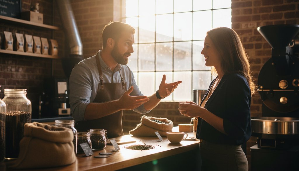 An inspiring shot for 'Elevate Your Brand with Professional Photography Caulfield North', featuring a successful business owner confidently presenting their product in a modern, sunlit Caulfield North cafe, dramatic backlighting highlighting their silhouette and brand aesthetic, professional colour grading enhancing the warm, inviting atmosphere.