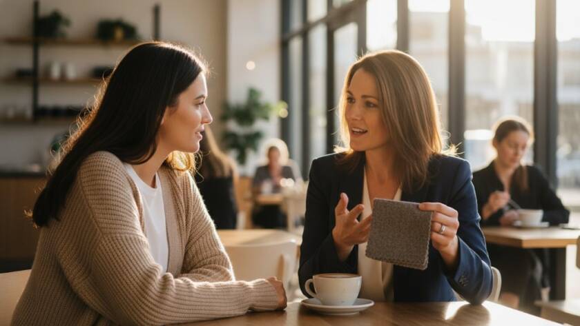 An inspiring moment captured in Doncaster East Victoria, featuring a small business owner passionately discussing their product with a client in a modern, sunlit cafe. The 'Elevate Your Brand with Photography Doncaster East' photo highlights genuine connection and professional expertise, with dramatic natural light, shallow depth of field, and warm colour grading.
