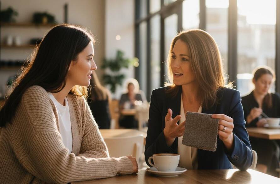 An inspiring moment captured in Doncaster East Victoria, featuring a small business owner passionately discussing their product with a client in a modern, sunlit cafe. The 'Elevate Your Brand with Photography Doncaster East' photo highlights genuine connection and professional expertise, with dramatic natural light, shallow depth of field, and warm colour grading.