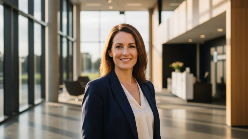 A powerful and inspiring professional portrait for an individual looking to elevate their career with professional headshots Scoresby, featuring a confident subject smiling genuinely against a softly blurred, sophisticated background, captured with dramatic studio lighting.