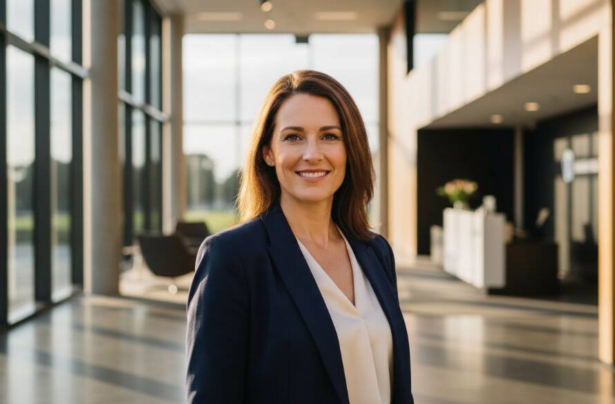 A powerful and inspiring professional portrait for an individual looking to elevate their career with professional headshots Scoresby, featuring a confident subject smiling genuinely against a softly blurred, sophisticated background, captured with dramatic studio lighting.