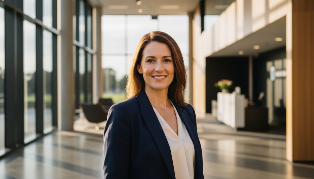 A powerful and inspiring professional portrait for an individual looking to elevate their career with professional headshots Scoresby, featuring a confident subject smiling genuinely against a softly blurred, sophisticated background, captured with dramatic studio lighting.