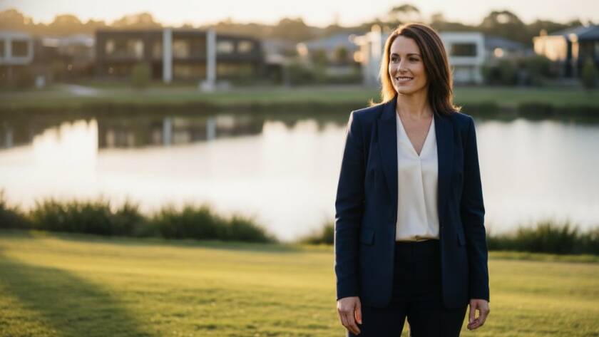 Dramatic, professionally lit portrait of a confident business person standing in front of a subtly blurred Wyndham Vale lakeside scene at sunset, showcasing the impact of Elevate Your Career with Wyndham Vale Professional Portraits.