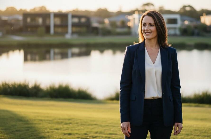 Dramatic, professionally lit portrait of a confident business person standing in front of a subtly blurred Wyndham Vale lakeside scene at sunset, showcasing the impact of Elevate Your Career with Wyndham Vale Professional Portraits.