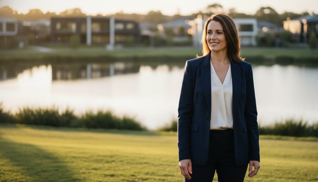 Dramatic, professionally lit portrait of a confident business person standing in front of a subtly blurred Wyndham Vale lakeside scene at sunset, showcasing the impact of Elevate Your Career with Wyndham Vale Professional Portraits.
