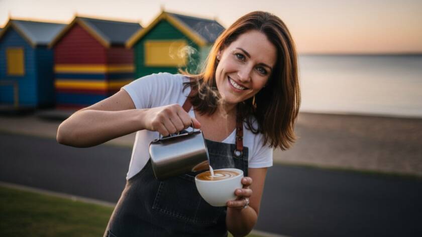An impactful professional commercial photography shot in Carrum, capturing a vibrant cafe owner proudly serving coffee with dynamic natural light and a blurred beach background, showcasing local business personality.