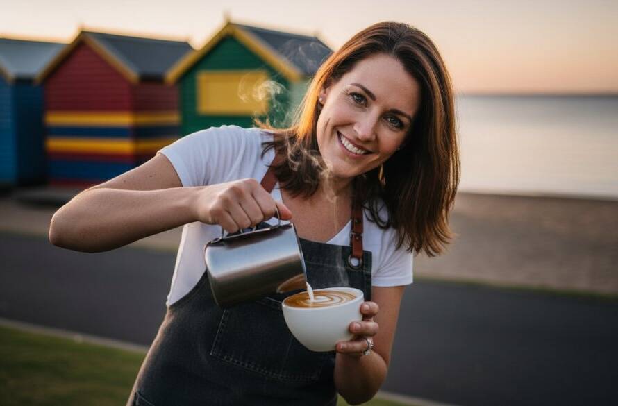 An impactful professional commercial photography shot in Carrum, capturing a vibrant cafe owner proudly serving coffee with dynamic natural light and a blurred beach background, showcasing local business personality.