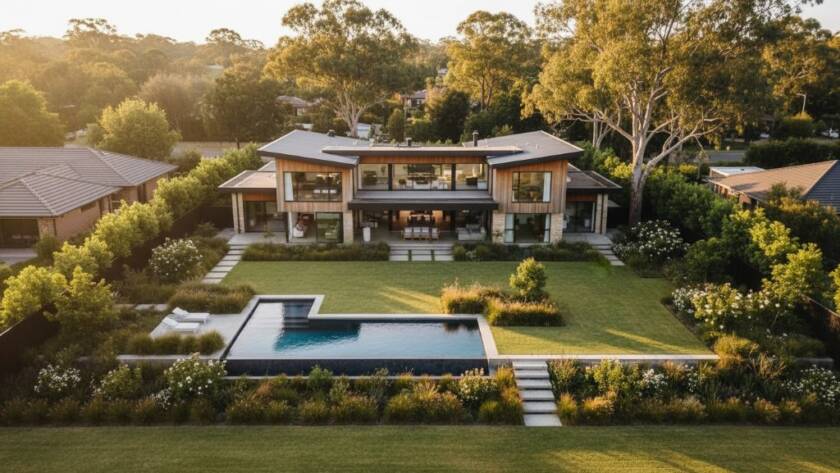 An epic drone photograph showcasing a modern family home in Croydon South at sunset, highlighting its expansive garden and surrounding gum trees, perfectly illustrating how to elevate your Croydon South property with stunning drone photography.