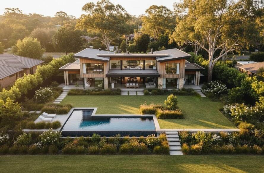 An epic drone photograph showcasing a modern family home in Croydon South at sunset, highlighting its expansive garden and surrounding gum trees, perfectly illustrating how to elevate your Croydon South property with stunning drone photography.