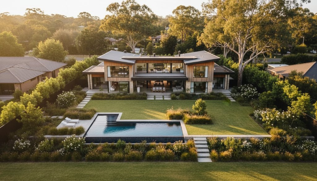 An epic drone photograph showcasing a modern family home in Croydon South at sunset, highlighting its expansive garden and surrounding gum trees, perfectly illustrating how to elevate your Croydon South property with stunning drone photography.