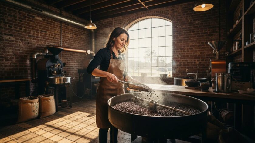 Dynamic wide-angle shot of a passionate artisan entrepreneur, perhaps a baker or craftsman, showcasing their unique product in a rustic yet modern studio in Epsom, Victoria. The scene is bathed in golden hour light streaming through a large window, highlighting their focused expression and the intricate details of their craft. This image represents the power of Elevate Your Epsom Business with Authentic Branding Photography, capturing a genuine moment of creation and brand essence with professional cinematic grading.