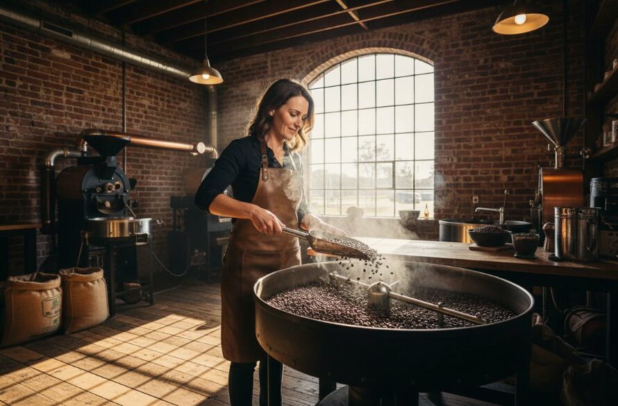 Dynamic wide-angle shot of a passionate artisan entrepreneur, perhaps a baker or craftsman, showcasing their unique product in a rustic yet modern studio in Epsom, Victoria. The scene is bathed in golden hour light streaming through a large window, highlighting their focused expression and the intricate details of their craft. This image represents the power of Elevate Your Epsom Business with Authentic Branding Photography, capturing a genuine moment of creation and brand essence with professional cinematic grading.
