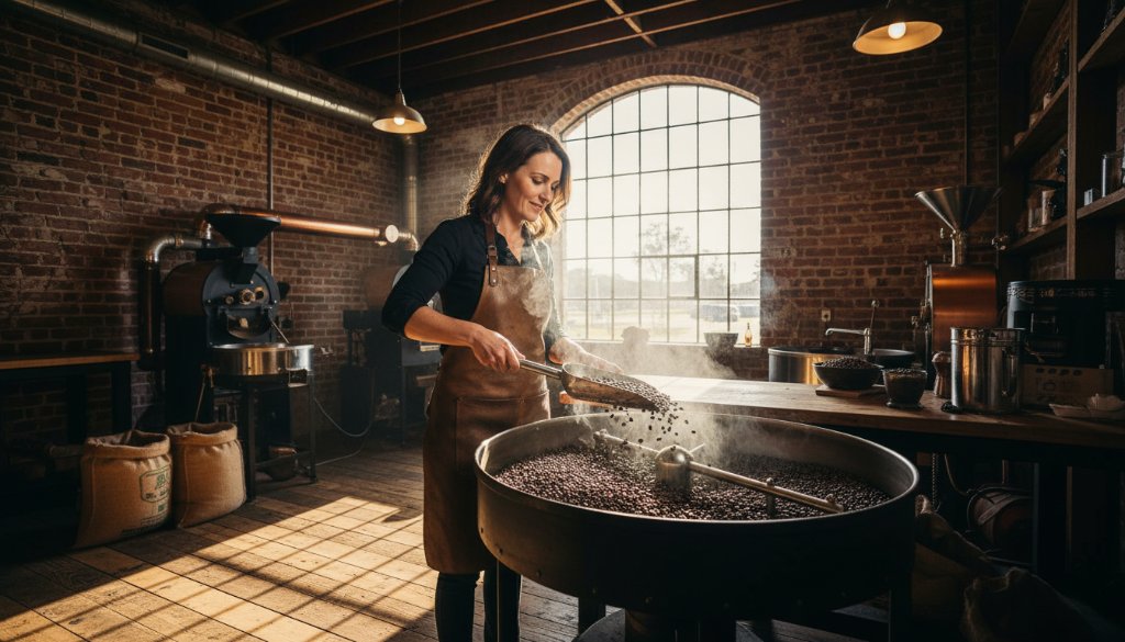 Dynamic wide-angle shot of a passionate artisan entrepreneur, perhaps a baker or craftsman, showcasing their unique product in a rustic yet modern studio in Epsom, Victoria. The scene is bathed in golden hour light streaming through a large window, highlighting their focused expression and the intricate details of their craft. This image represents the power of Elevate Your Epsom Business with Authentic Branding Photography, capturing a genuine moment of creation and brand essence with professional cinematic grading.
