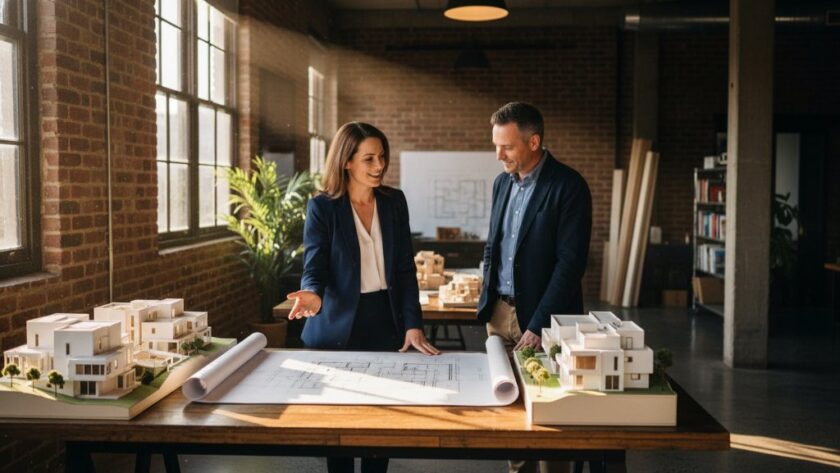 An inspiring shot of a female entrepreneur passionately discussing her creative business with a client in a modern, light-filled studio in Hamlyn Heights, showcasing the power of Elevate Your Hamlyn Heights Brand Photography Geelong.