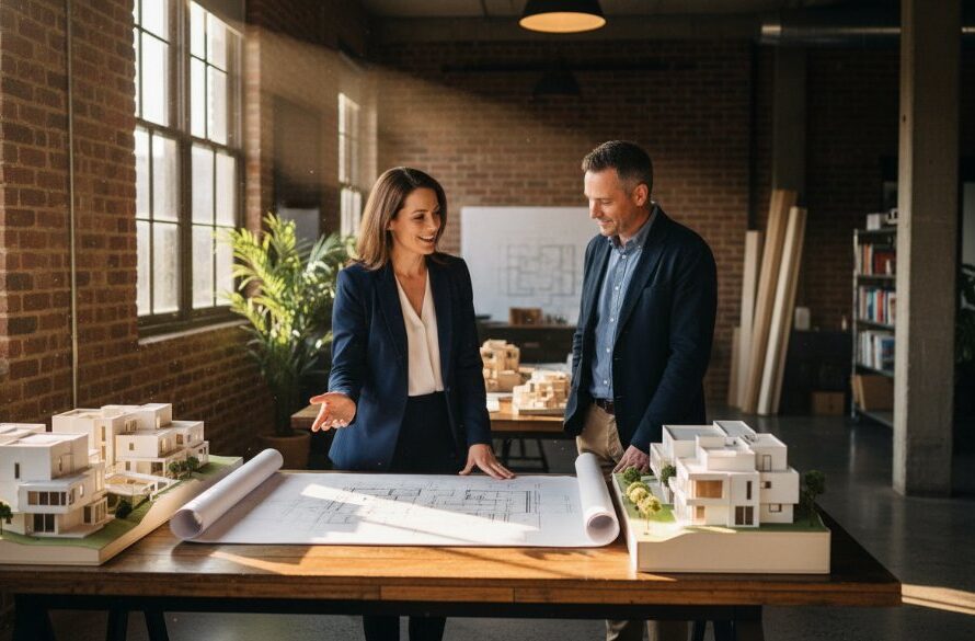 An inspiring shot of a female entrepreneur passionately discussing her creative business with a client in a modern, light-filled studio in Hamlyn Heights, showcasing the power of Elevate Your Hamlyn Heights Brand Photography Geelong.