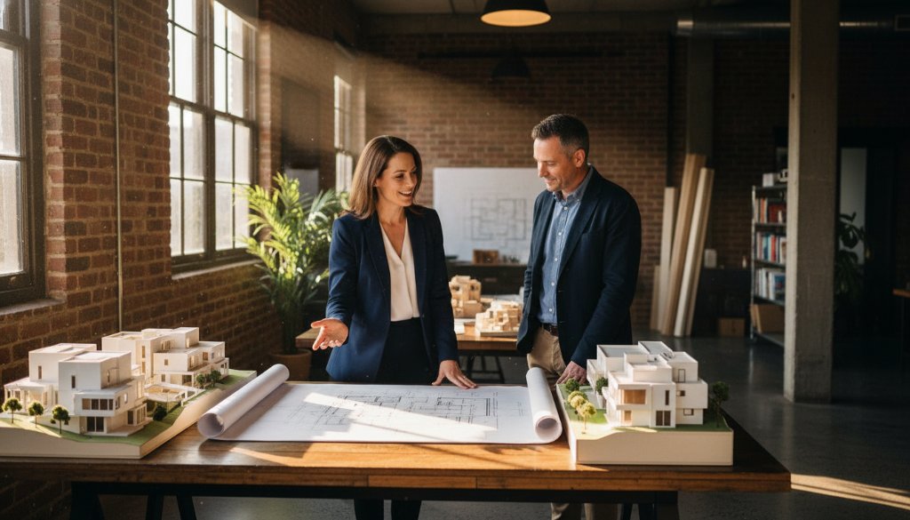 An inspiring shot of a female entrepreneur passionately discussing her creative business with a client in a modern, light-filled studio in Hamlyn Heights, showcasing the power of Elevate Your Hamlyn Heights Brand Photography Geelong.
