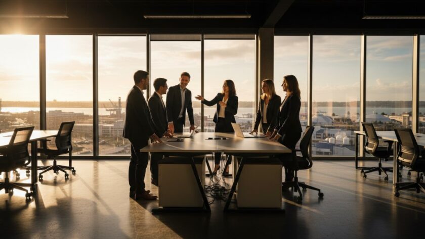 An 'epic moment' style professional corporate photograph showcasing a dynamic business team collaborating in a modern office overlooking the North Geelong waterfront, illuminated by dramatic golden hour light, reflecting the goal to elevate your North Geelong corporate image with professional photography.