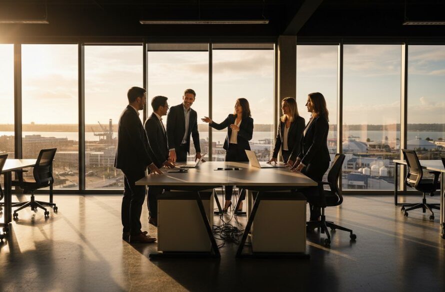 An 'epic moment' style professional corporate photograph showcasing a dynamic business team collaborating in a modern office overlooking the North Geelong waterfront, illuminated by dramatic golden hour light, reflecting the goal to elevate your North Geelong corporate image with professional photography.