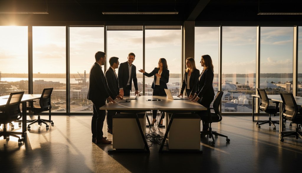 An 'epic moment' style professional corporate photograph showcasing a dynamic business team collaborating in a modern office overlooking the North Geelong waterfront, illuminated by dramatic golden hour light, reflecting the goal to elevate your North Geelong corporate image with professional photography.