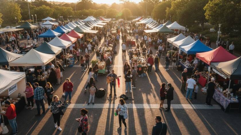 An epic drone shot capturing a vibrant community festival in Sunshine, Victoria, showcasing the joyous crowd and colourful stalls from a high aerial perspective, perfect to elevate your Sunshine Victoria event with drone photography.
