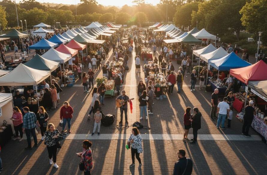 An epic drone shot capturing a vibrant community festival in Sunshine, Victoria, showcasing the joyous crowd and colourful stalls from a high aerial perspective, perfect to elevate your Sunshine Victoria event with drone photography.
