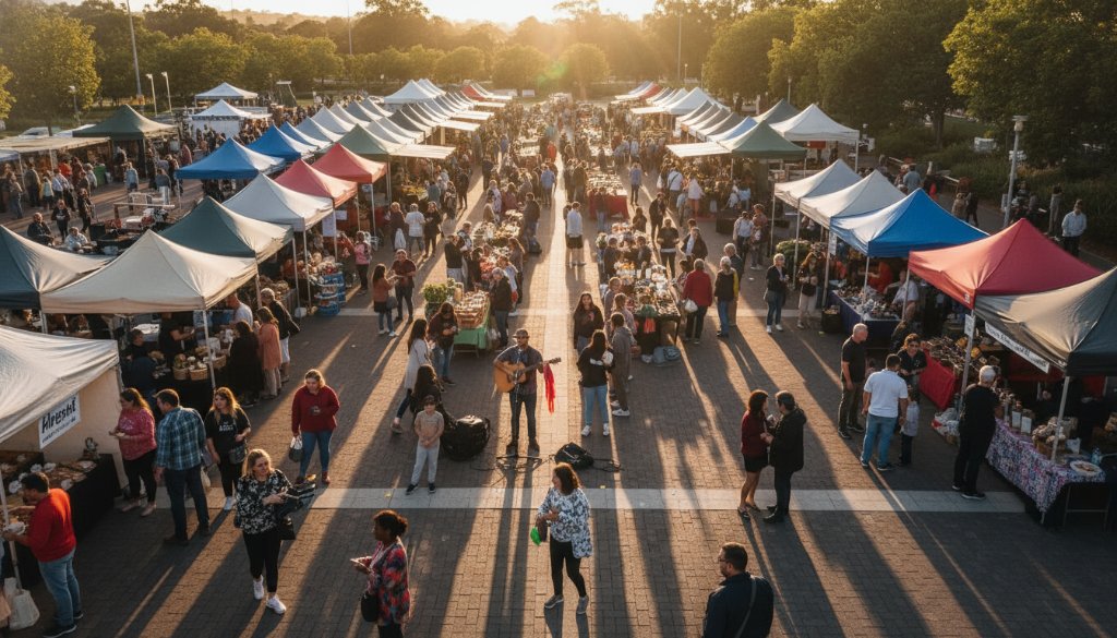 An epic drone shot capturing a vibrant community festival in Sunshine, Victoria, showcasing the joyous crowd and colourful stalls from a high aerial perspective, perfect to elevate your Sunshine Victoria event with drone photography.