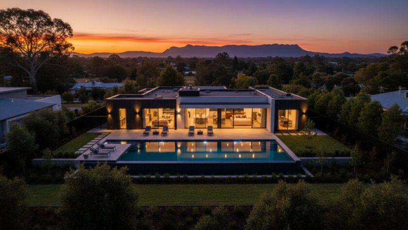 A wide-angle, twilight drone shot capturing a beautifully lit modern family home in Waurn Ponds, Victoria, with a vibrant sunset over the distant You Yangs, perfectly illustrating how to Elevate Your Waurn Ponds Property Listing Photography with stunning visuals.