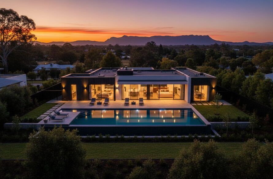 A wide-angle, twilight drone shot capturing a beautifully lit modern family home in Waurn Ponds, Victoria, with a vibrant sunset over the distant You Yangs, perfectly illustrating how to Elevate Your Waurn Ponds Property Listing Photography with stunning visuals.