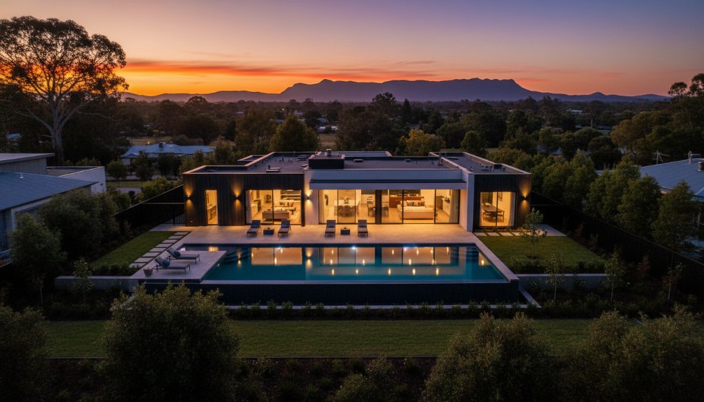 A wide-angle, twilight drone shot capturing a beautifully lit modern family home in Waurn Ponds, Victoria, with a vibrant sunset over the distant You Yangs, perfectly illustrating how to Elevate Your Waurn Ponds Property Listing Photography with stunning visuals.