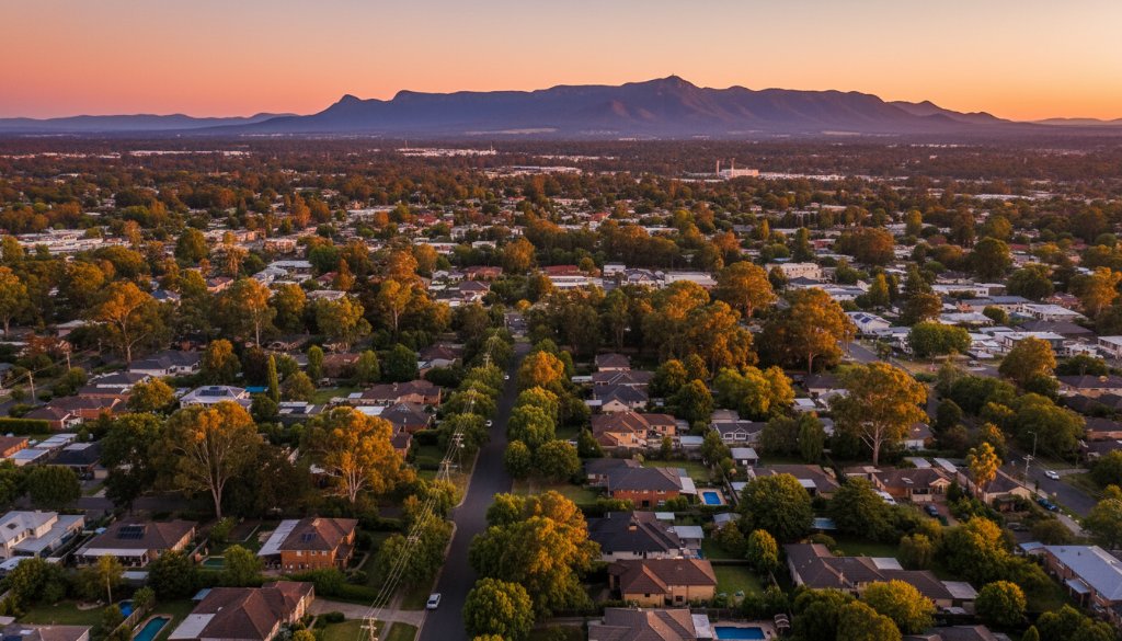 An epic moment captured by elevated aerial photography Ringwood North, showcasing a vibrant sunset over the leafy suburbs with the distant Dandenong Ranges, revealing a breathtaking, professionally colour-graded panoramic view.