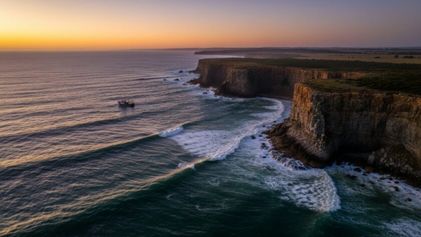 An epic aerial photograph capturing the dramatic rugged cliffs and pristine turquoise waters of Portland, Victoria, Australia, at sunrise, showcasing the unique Elevated Coastal Views Drone Photography Portland Victoria, with a fishing boat heading out to sea.
