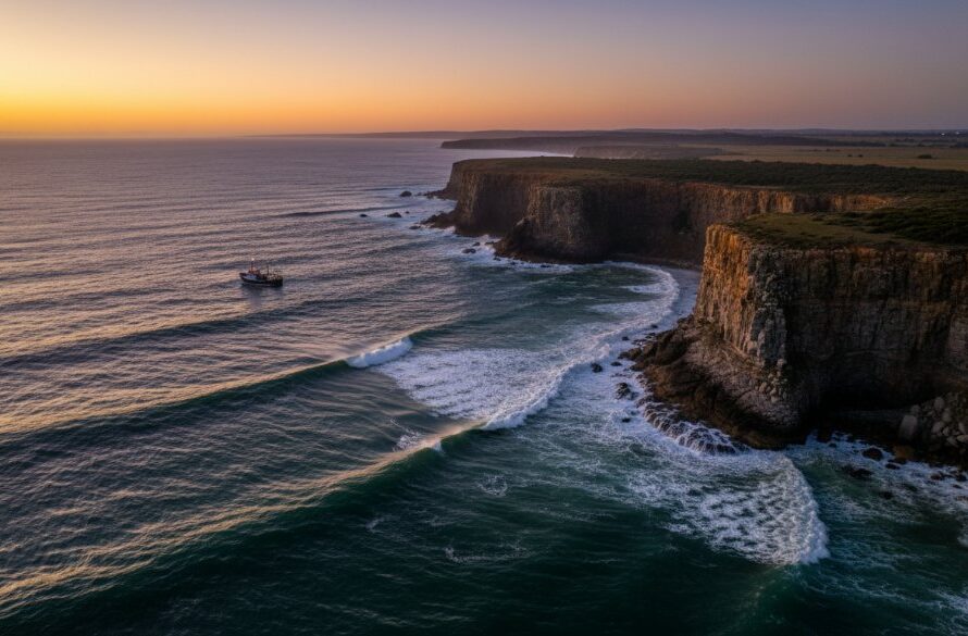 An epic aerial photograph capturing the dramatic rugged cliffs and pristine turquoise waters of Portland, Victoria, Australia, at sunrise, showcasing the unique Elevated Coastal Views Drone Photography Portland Victoria, with a fishing boat heading out to sea.