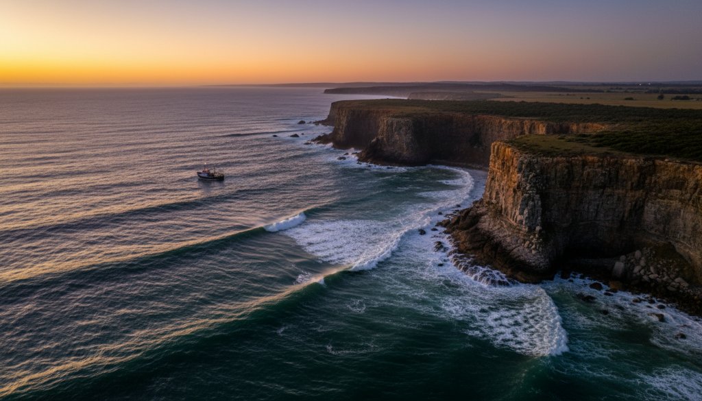 An epic aerial photograph capturing the dramatic rugged cliffs and pristine turquoise waters of Portland, Victoria, Australia, at sunrise, showcasing the unique Elevated Coastal Views Drone Photography Portland Victoria, with a fishing boat heading out to sea.
